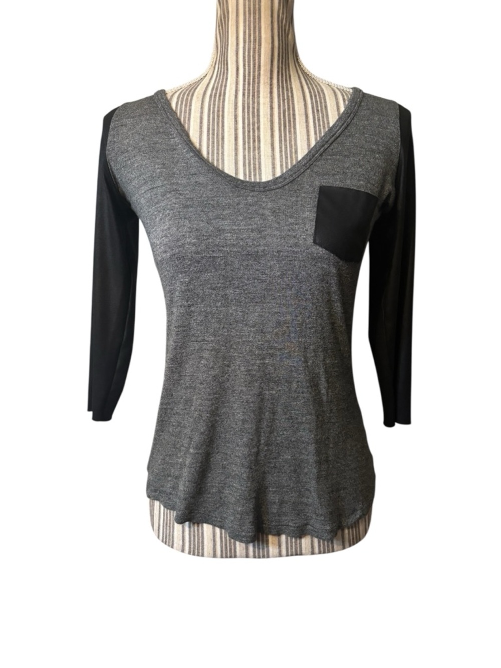 Zara Top Small Gray Body Black Faux Leather 3/4 Sleeves & Pocket W&B Collection